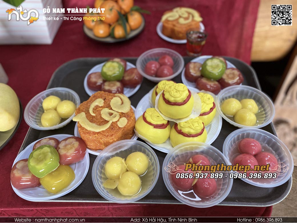 Mâm cúng chay đẹp mắt trong lễ phạt mộc nhà gỗ 5 gian