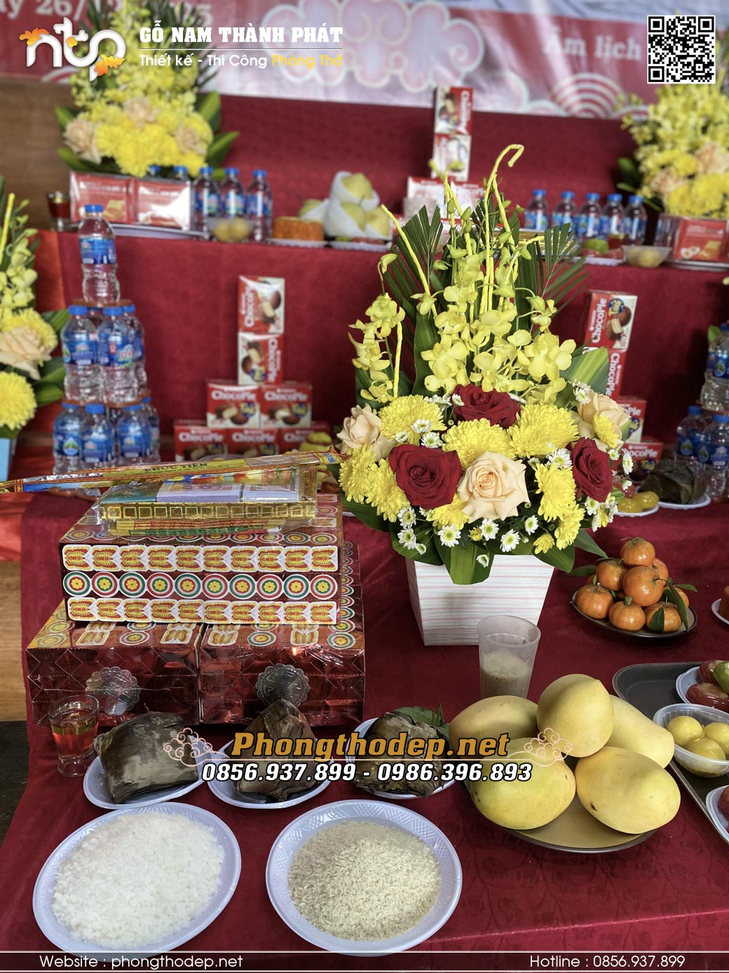 Mâm cũng chay trong lễ phạt mộc nhà gỗ 5 gian