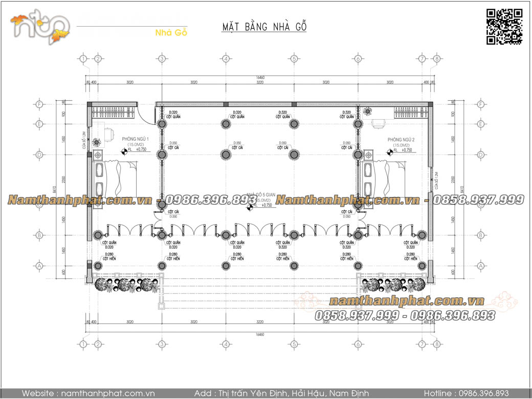 Mặt bằng kích thước nhà gỗ 5 gian tiêu chuẩn