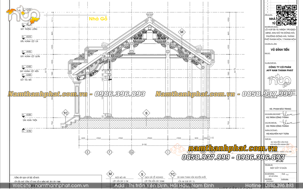 Thiết kế 2D mặt cắt công trình nhà gỗ 5 gian