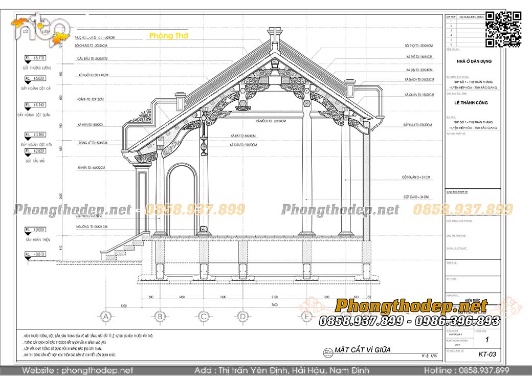 Mặt cắt vì giữa nhà gỗ 3 gian
