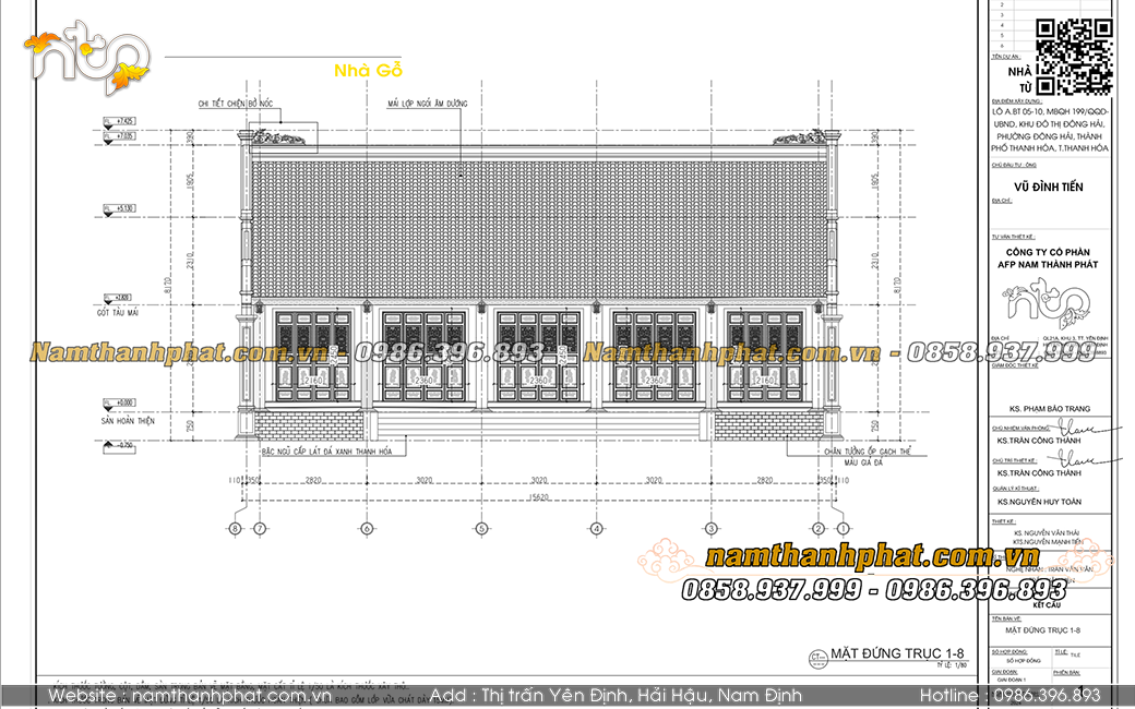Bản vẽ mặt đứng công trình nhà gỗ 5 gian