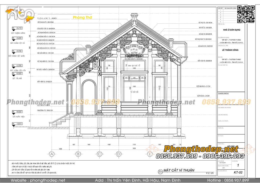 Mặt cắt vì thuận nhà gỗ 3 gian